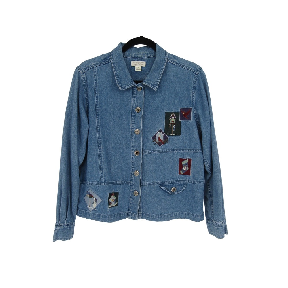 Christopher & Banks Denim Jacket Womens Small Blue Winter Embroidered Patches